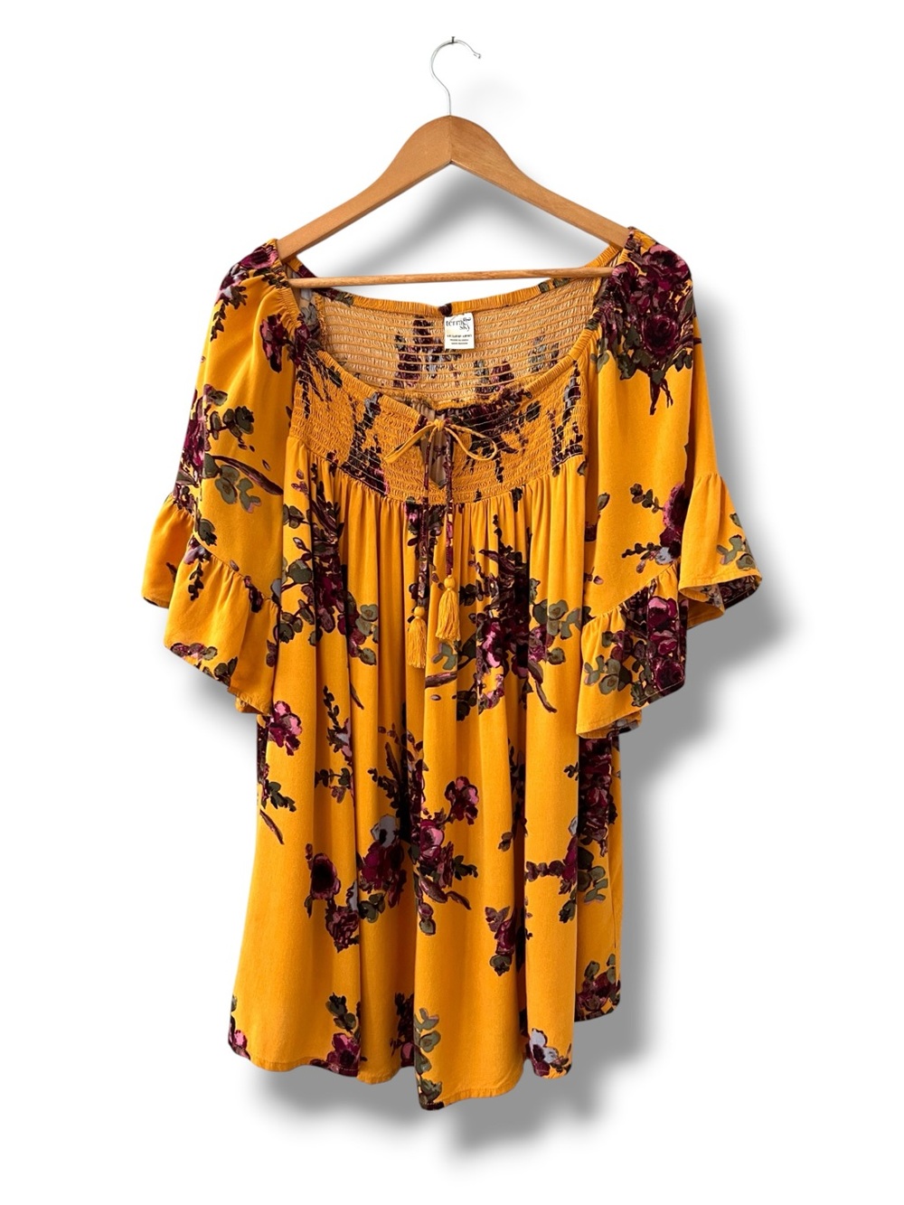 Terra & Sky Womens 1X Mustard Floral Smocked Peasant Blouse Bell Sleeve Boho